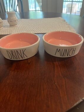 Rae Dunn Ceramic Pet Bowls - White Exterior with Pink Interior